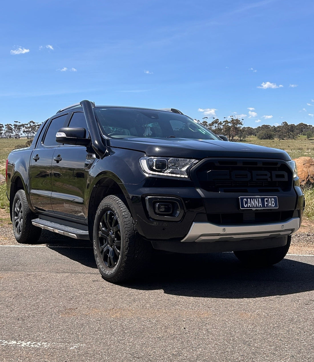 Canna Fabrication Ford Ranger PX short-entry snorkel installed on the vehicle, highlighting the durable, off-road-ready design.
