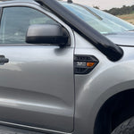 Close-up of the Canna Fabrication short-entry snorkel body on a silver Ford Ranger PX